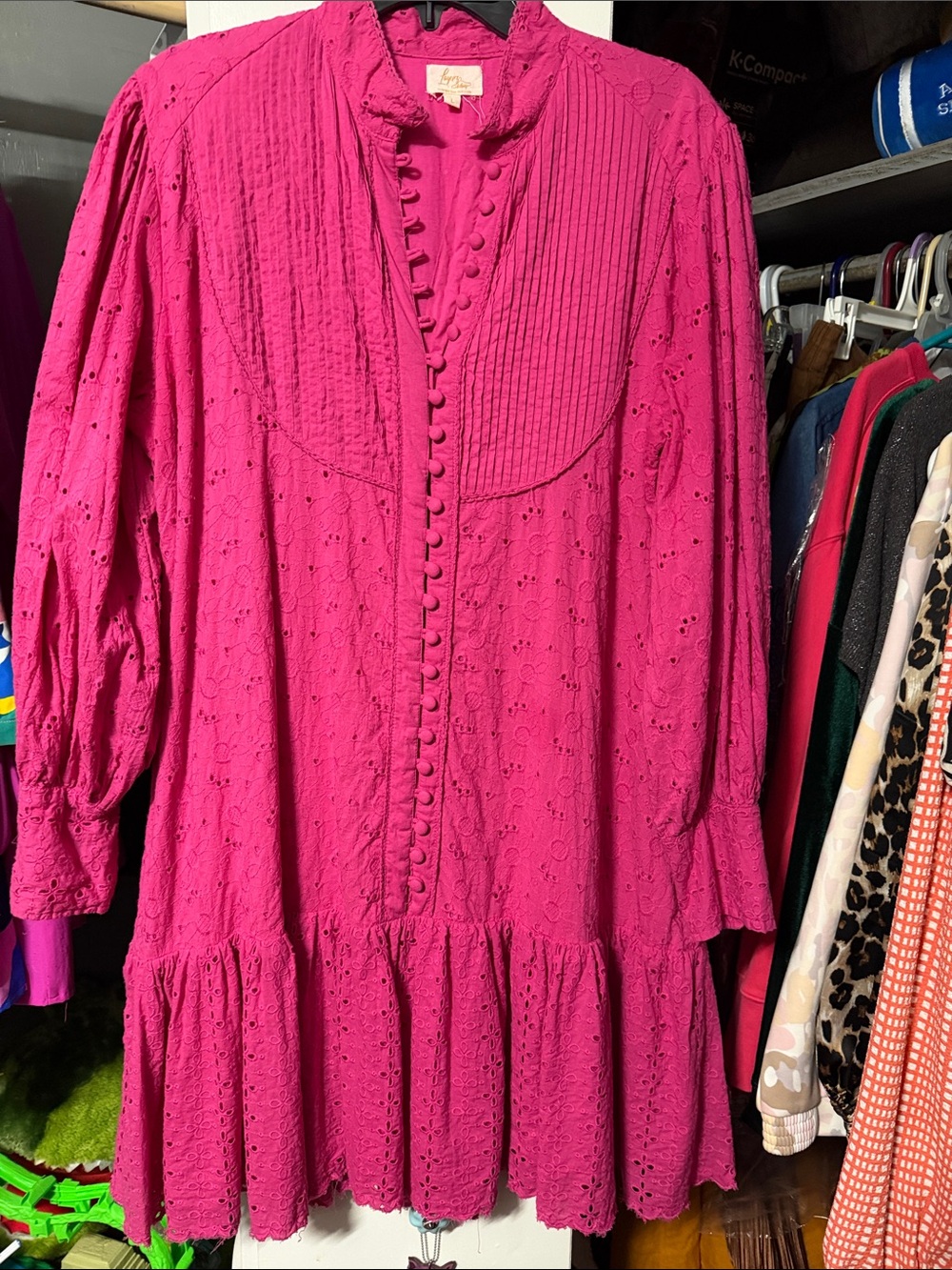 Hot Pink Eyelet Button-Front Long Sleeve Dress